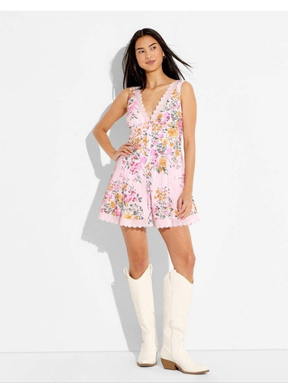 NWT! Wild Fable, Button-Front Mini Empire Waist Dress, Pink Floral, Size Medium - Picture 2 of 4